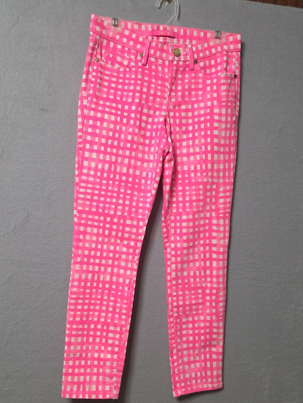 Lilly Pulitzer Pink Gingham Plaid Checkered South Ocean Skinny Jeans Size 4.
